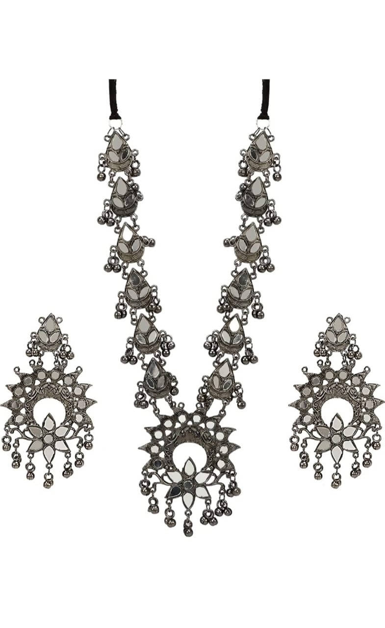 Traditional bohemian style oxidized silver necklace set with reflective mirror accents for ethnic party wear