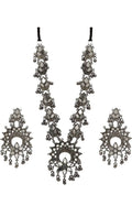 Traditional bohemian style oxidized silver necklace set with reflective mirror accents for ethnic party wear