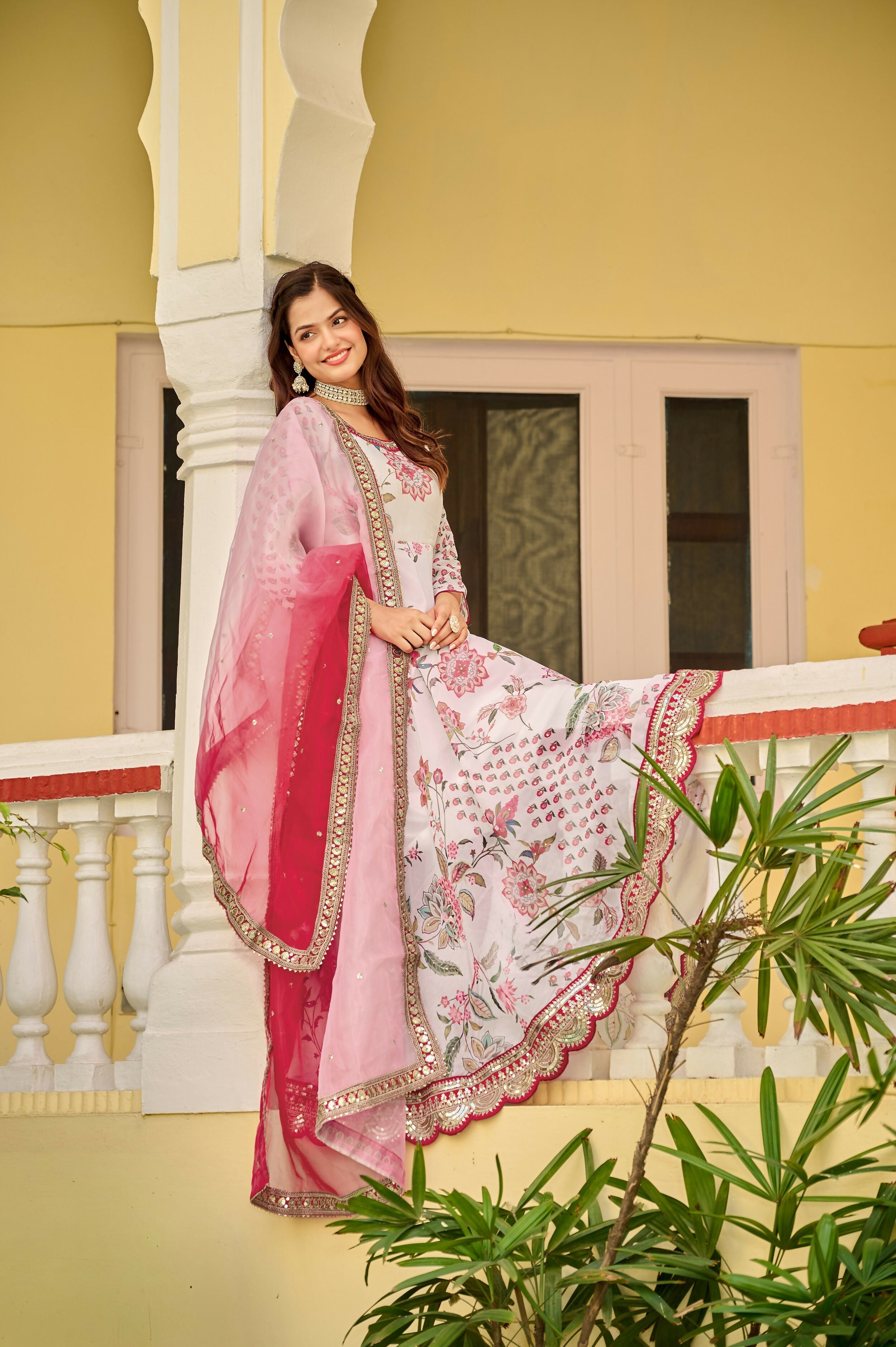 Pink & White Georgette Embroidery Sequence Work Kurta Set