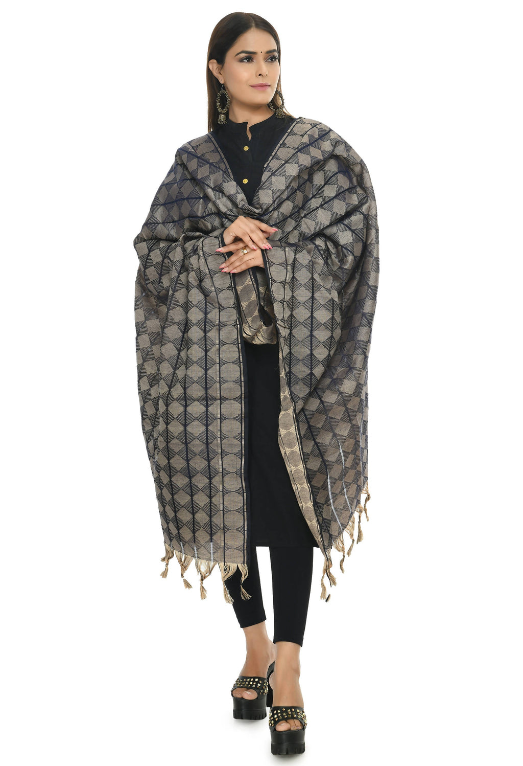 Navy Blue Handloom Cotton Dupatta - Elegant Traditional Accessory