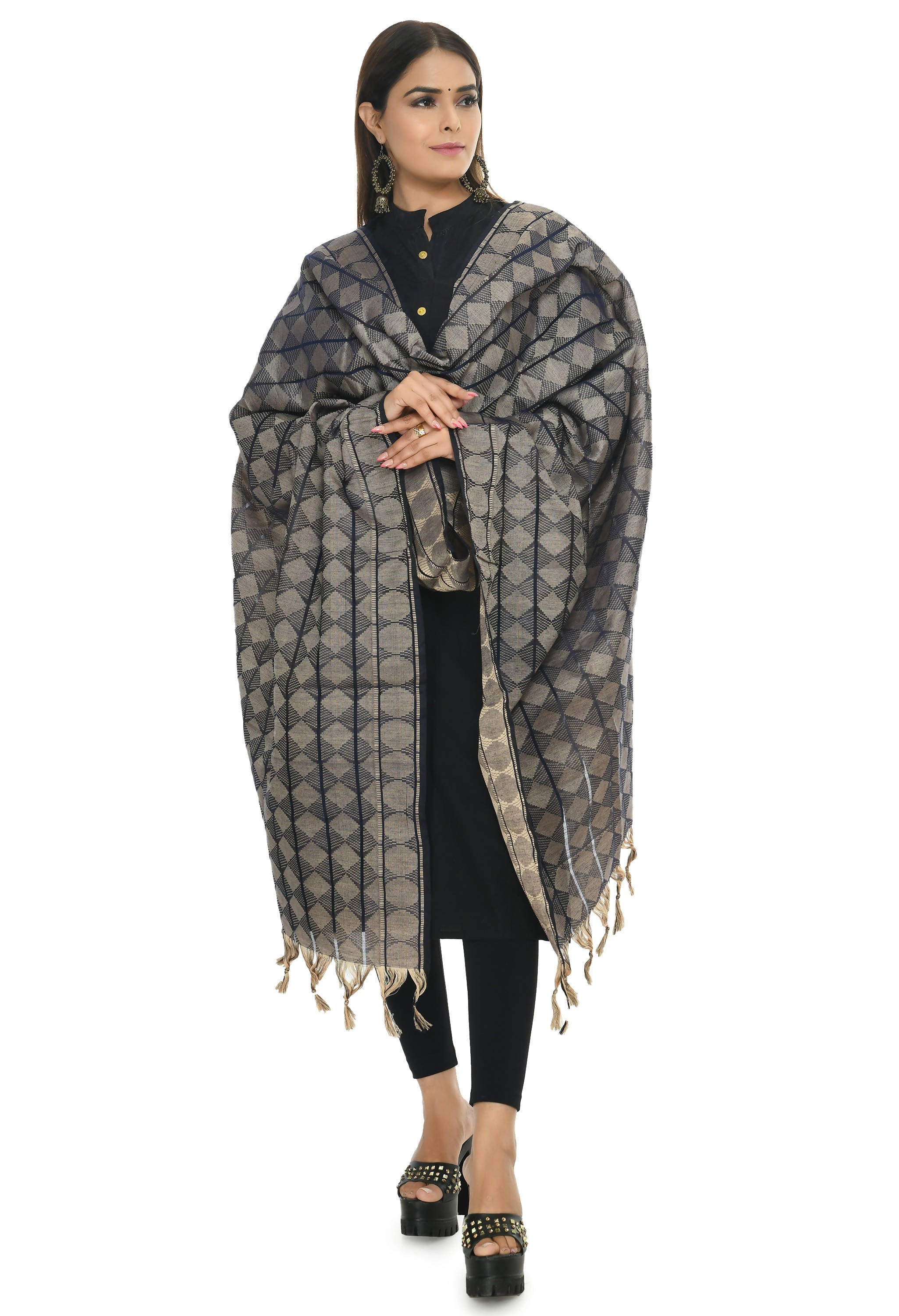 Navy Blue Handloom Cotton Dupatta - Elegant Traditional Accessory