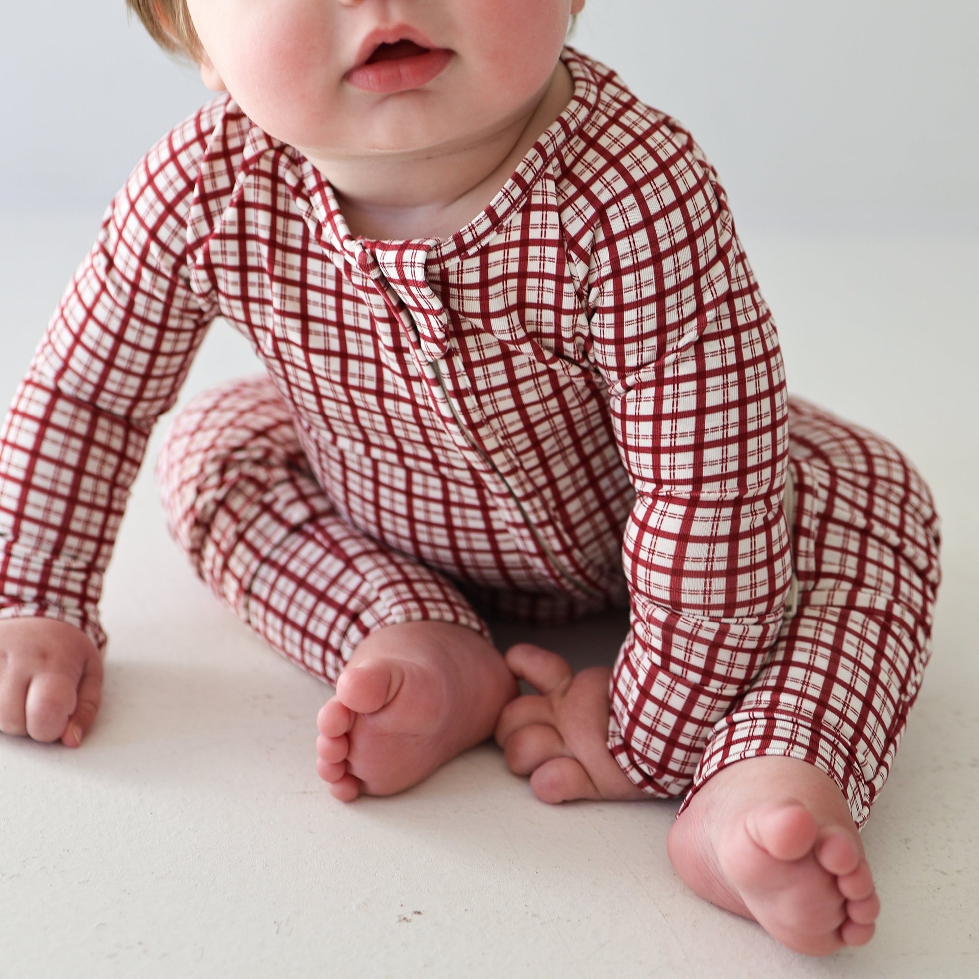 Baby Bamboo Zip Pajamas in Red Window Pane Print - Image 3