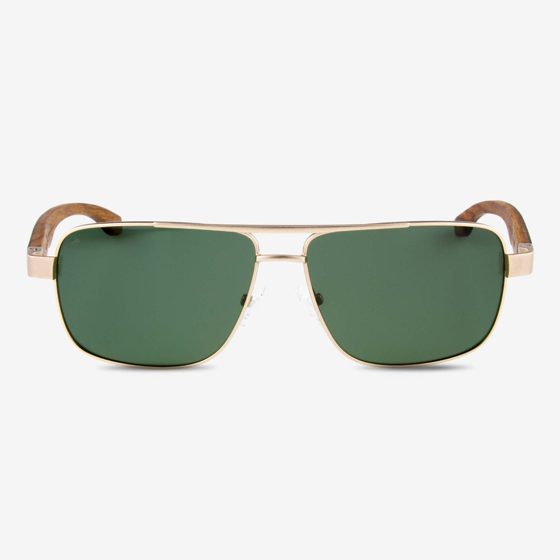 Men's James sunglasses with metal rectangular frames and walnut wood temples.
