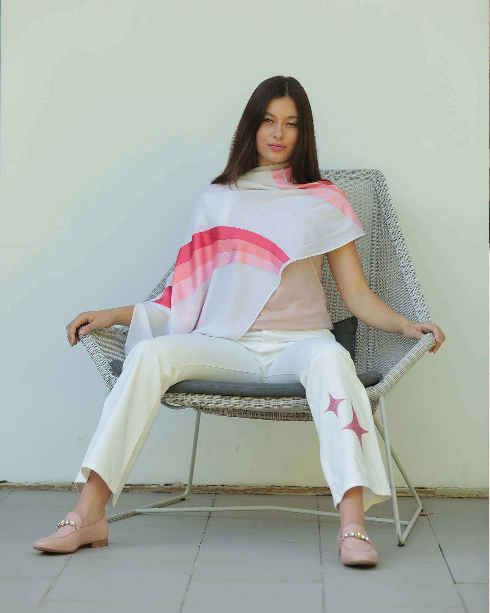 White Stretch Denim Jeans with Rose Gold Glitter Star Details - Image 2