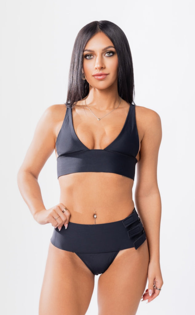 Jaws Neoprene Bralette Bikini Top featuring a wide chest band and minimal coverage triangle silhouette