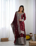 Deep Maroon Silk Kurta Set adorned with exquisite zari, sequins, and thread embroidery.