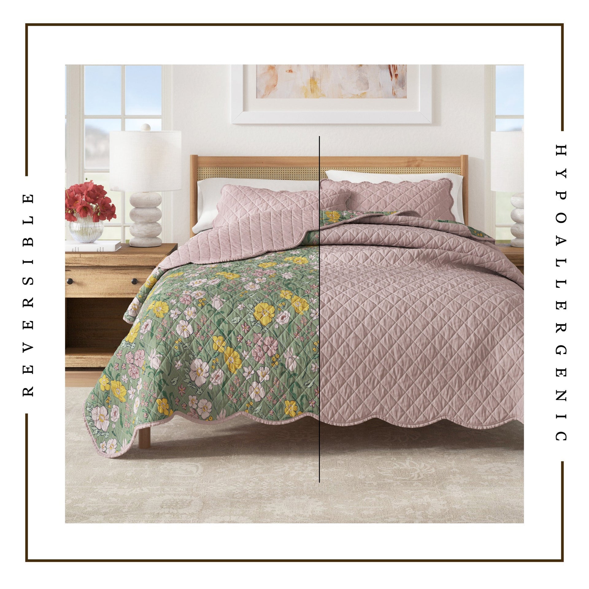 Floral Print Scalloped Edge Reversible Cotton Quilt Set - Image 3