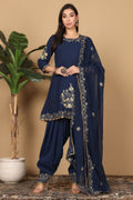 Model wearing a navy blue georgette kurta set for women