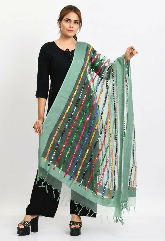 Pista Green organza dupatta with multicolor thread embroidery and mirror work detailing.