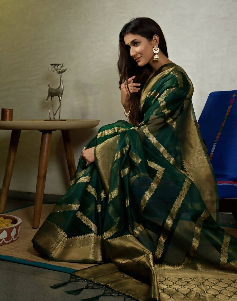 Stone Green Organza Silk Saree with Elegant Weaving and Tassels