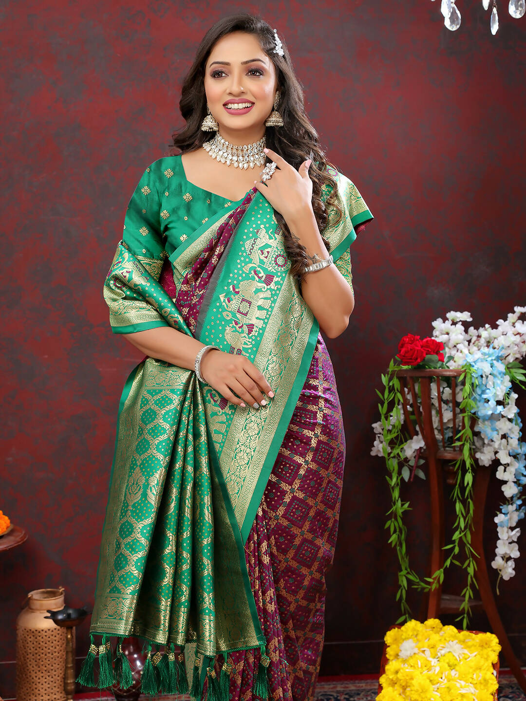 Wine & Green Patola Silk Saree with Meenakari Woven Design