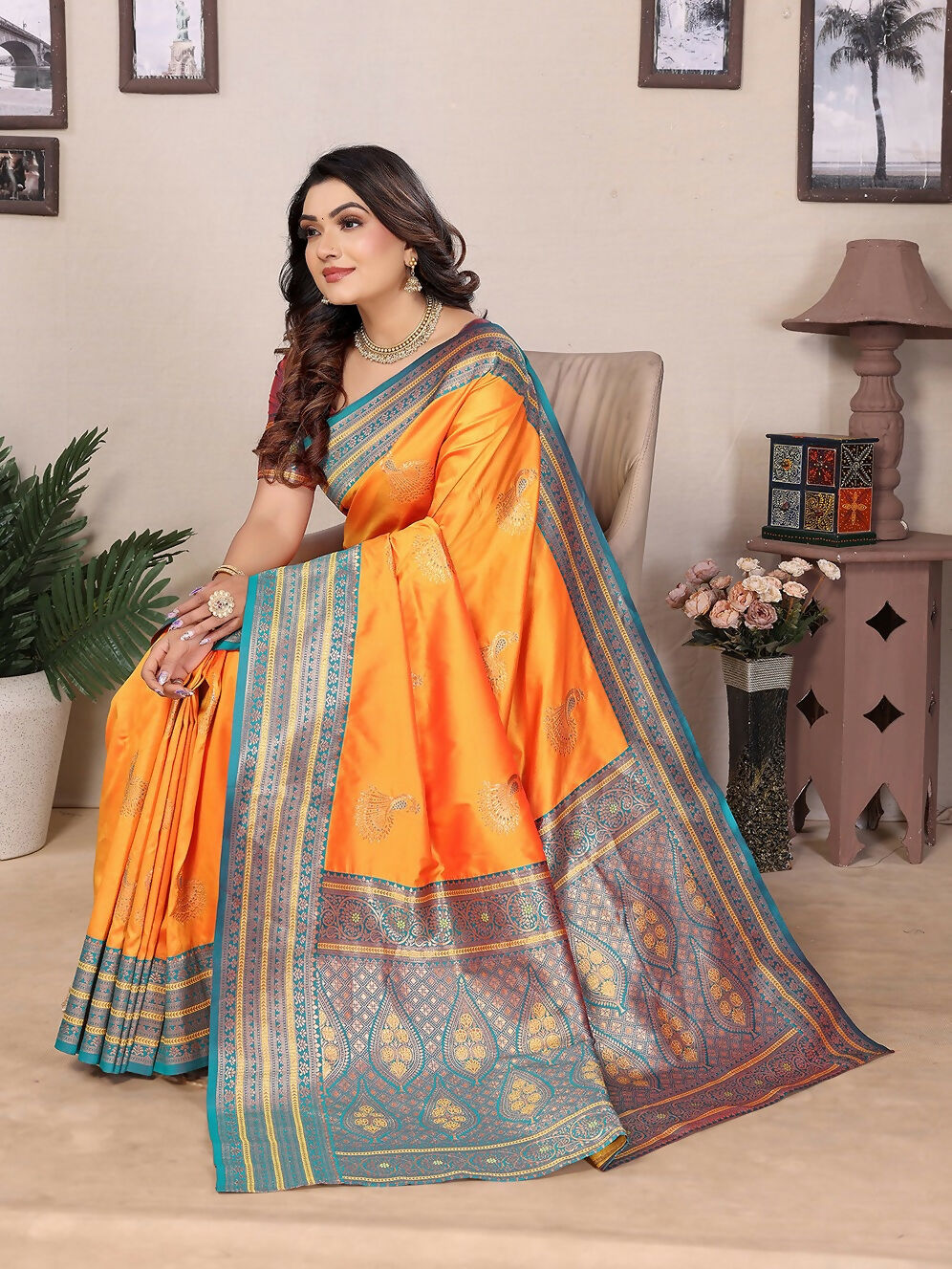 Orange Banarasi Small Butti Soft Silk Saree