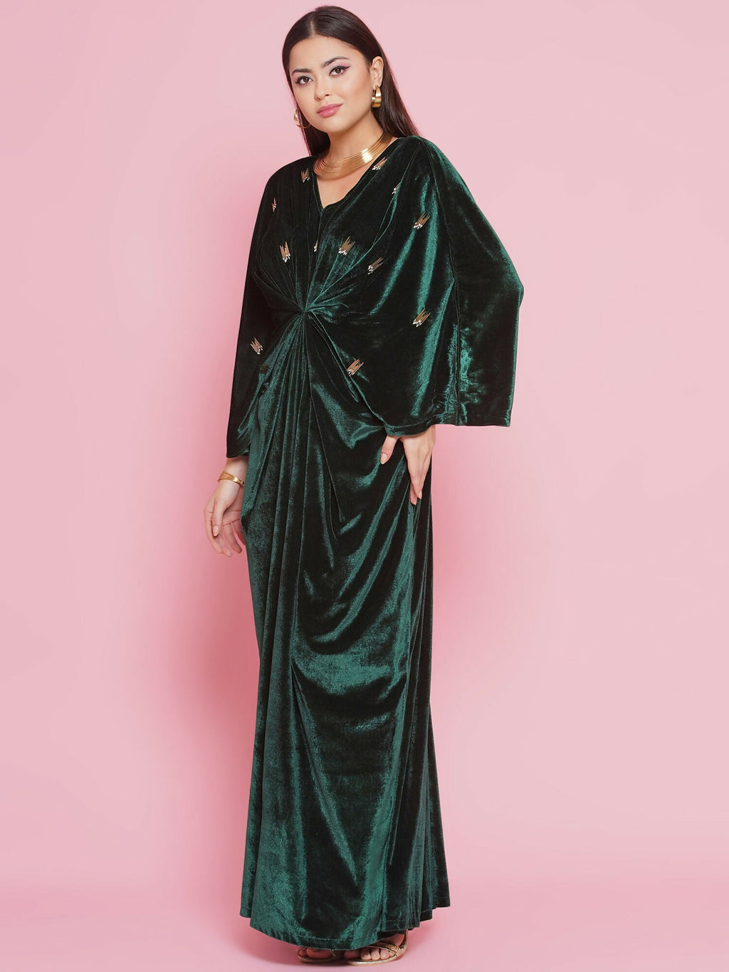 Green Velvet Hand Embellished Gown for Elegant Evening Occasions