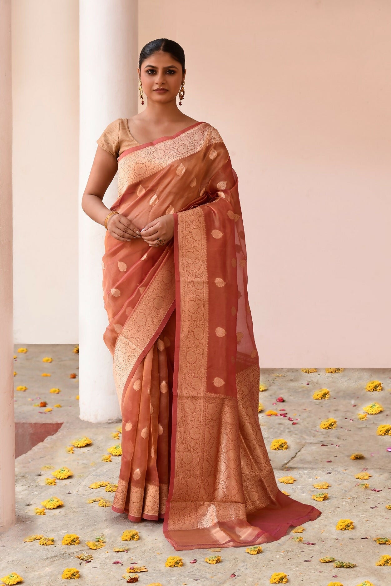 Elegant Rose Gold Banarasi Tissue Silk Handloom Saree with metallic sheen