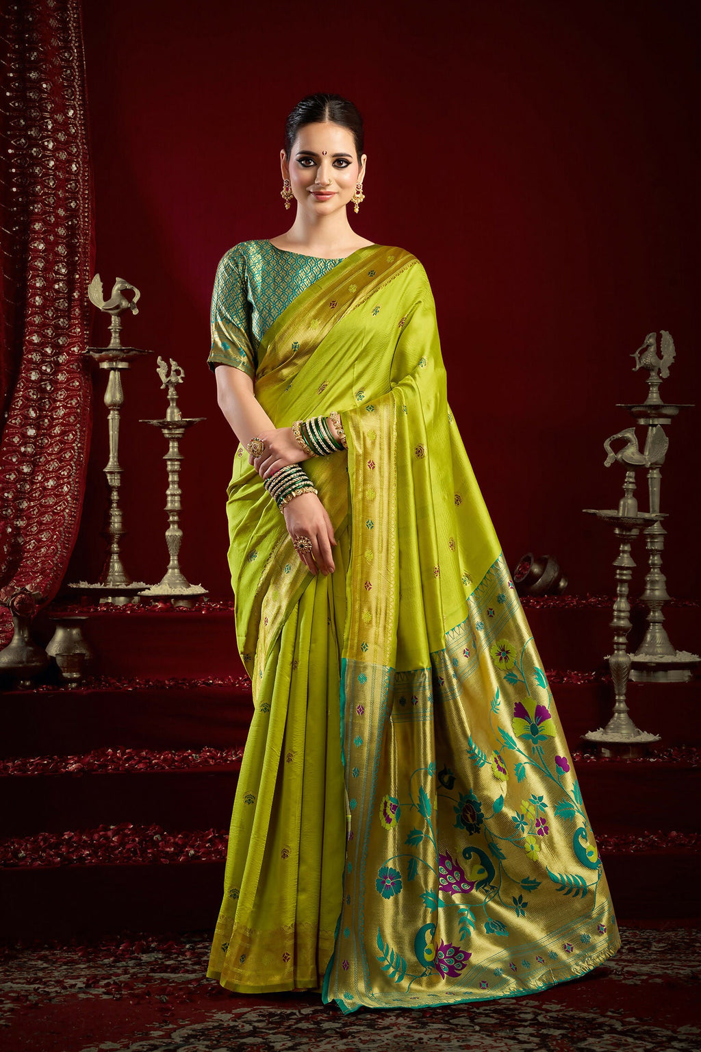 Joban Fashion Mustard Green Paithani Silk Blend Butti Saree