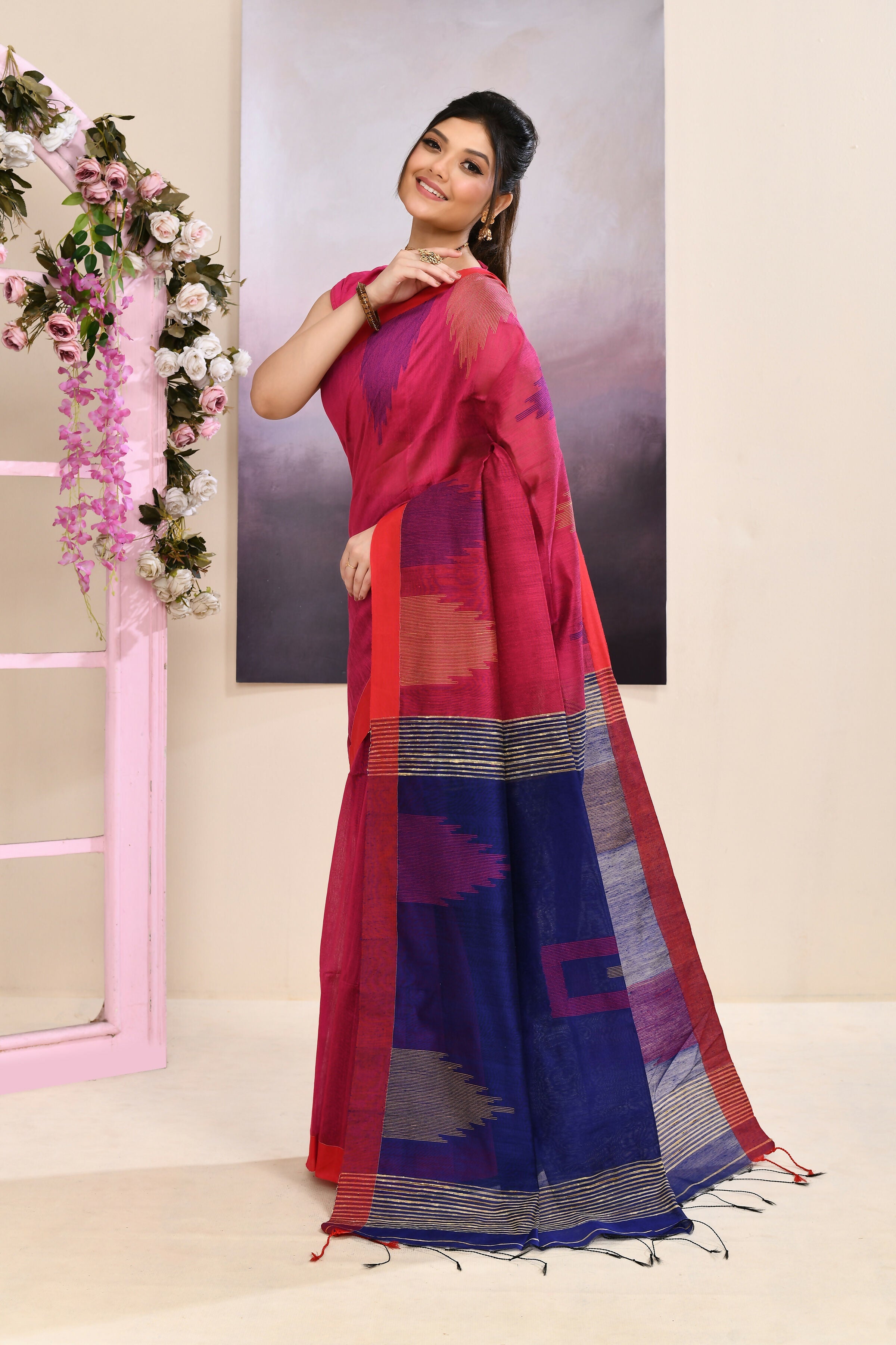Pink Jamdani Saree with Traditional Temple Border Embellishment