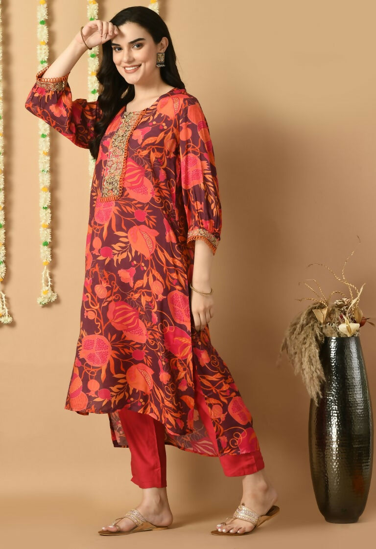 Red Maslin Kurta Set with Cotton Bottoms - 2-Piece Ethnic Wear