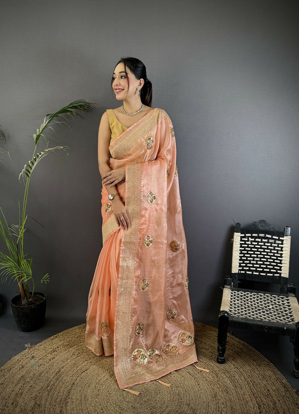 Peach Handloom Banarasi Organza Silk Khatali Butta Saree
