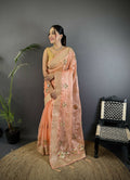 Peach Handloom Banarasi Organza Silk Khatali Butta Saree