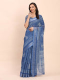 Rich indigo blue linen cotton saree with matching blouse fabric