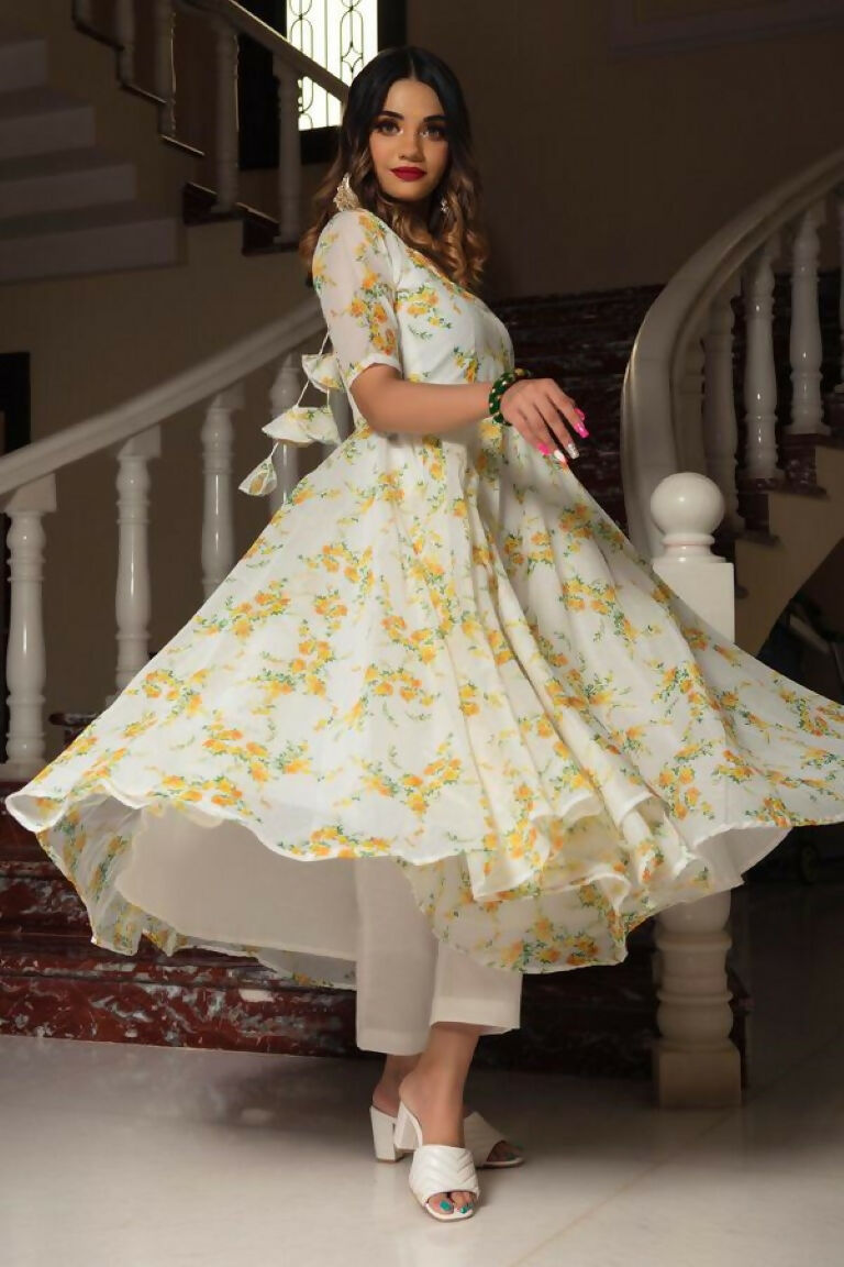 Mehendi Floral Digital Printed Chanderi A-Line Kurta Set