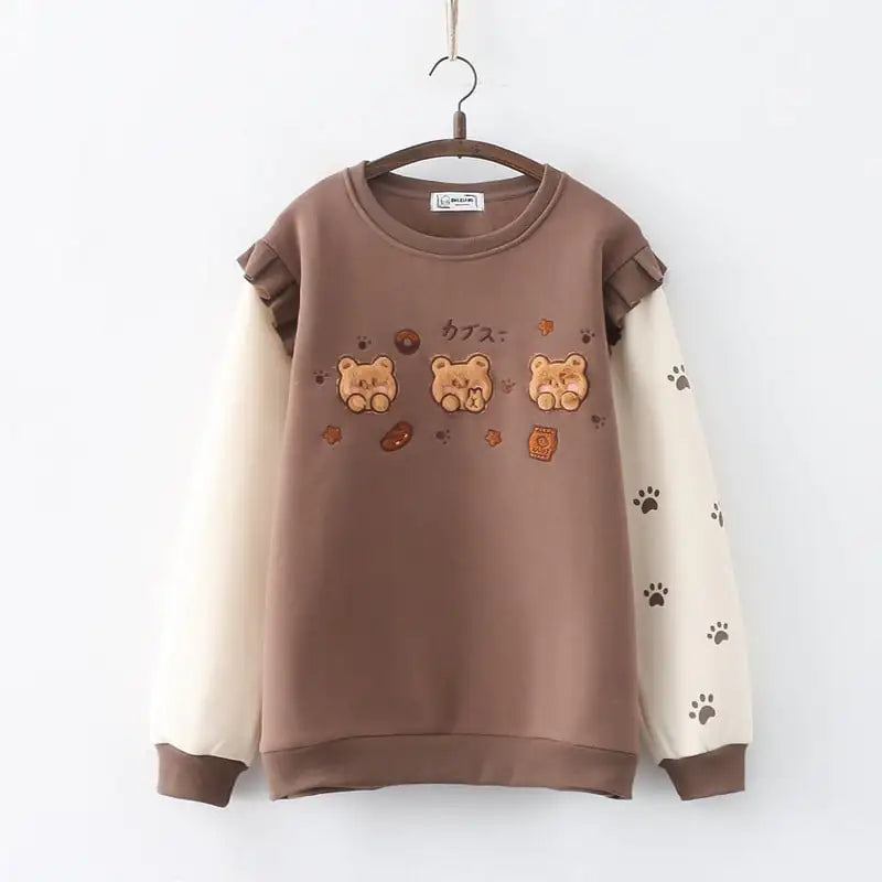 Women's Cartoon Bear Fleece-Lined Pullover Sweater - Image 2