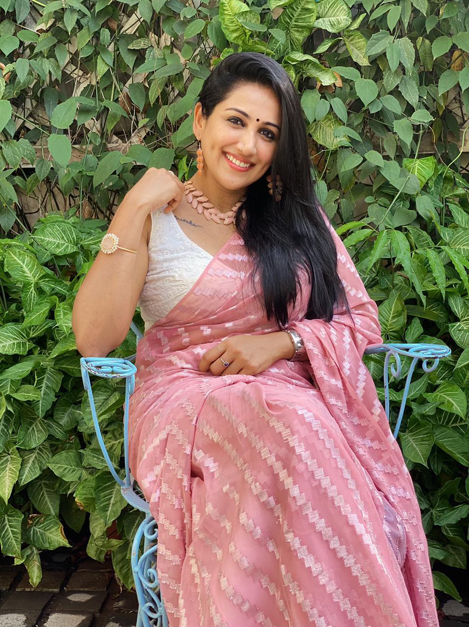 Pink Poly Chiffon Saree with Zari Weaving and Lucknowi Blouse