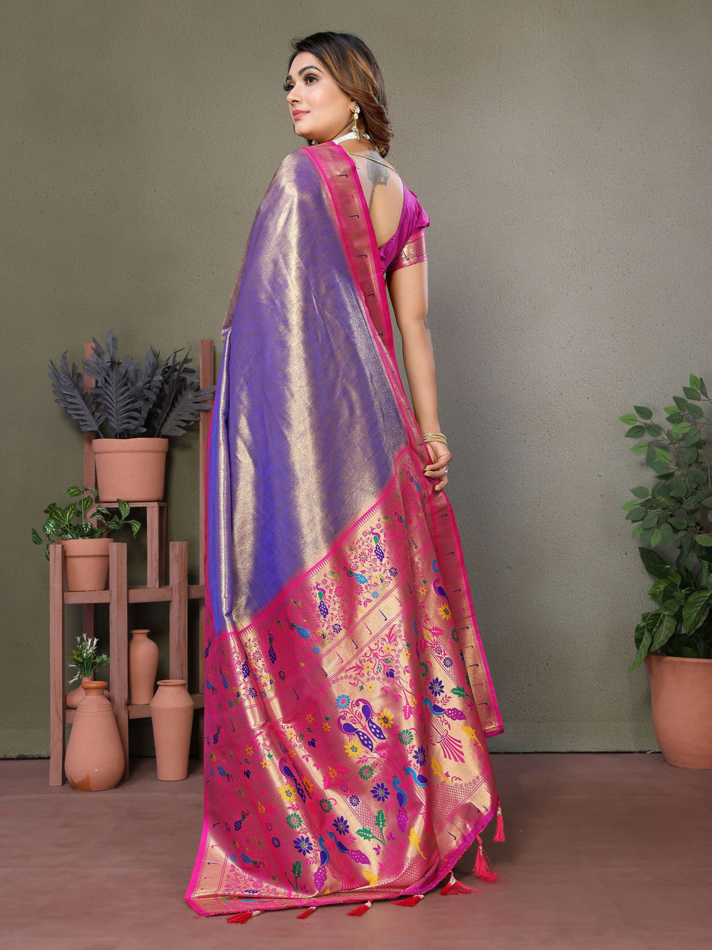 Purple Tissue Silk Paithani Woven Saree with Zari Details