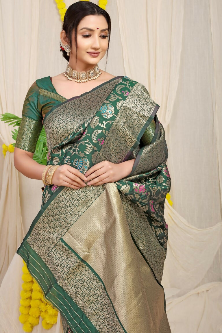 Bottle Green Kanjivaram Silk Saree with Elegant Zari Woven Border