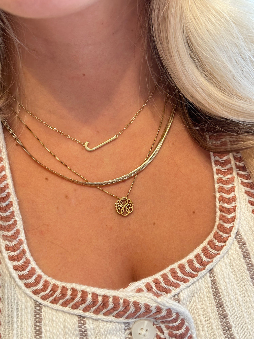 Initial J Precious Elongated Pendant Necklace in Silver or Gold