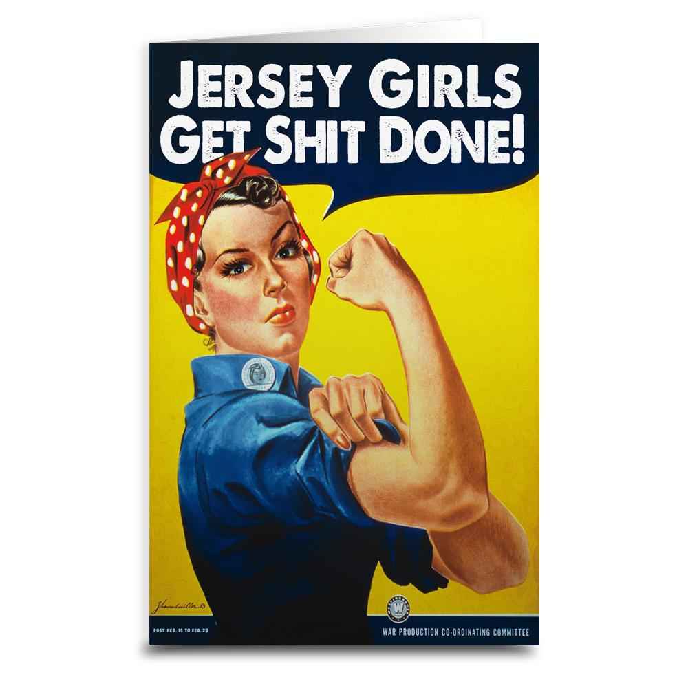 Jersey Girls Get Stuff Done greeting card on a white background with a matching envelope.