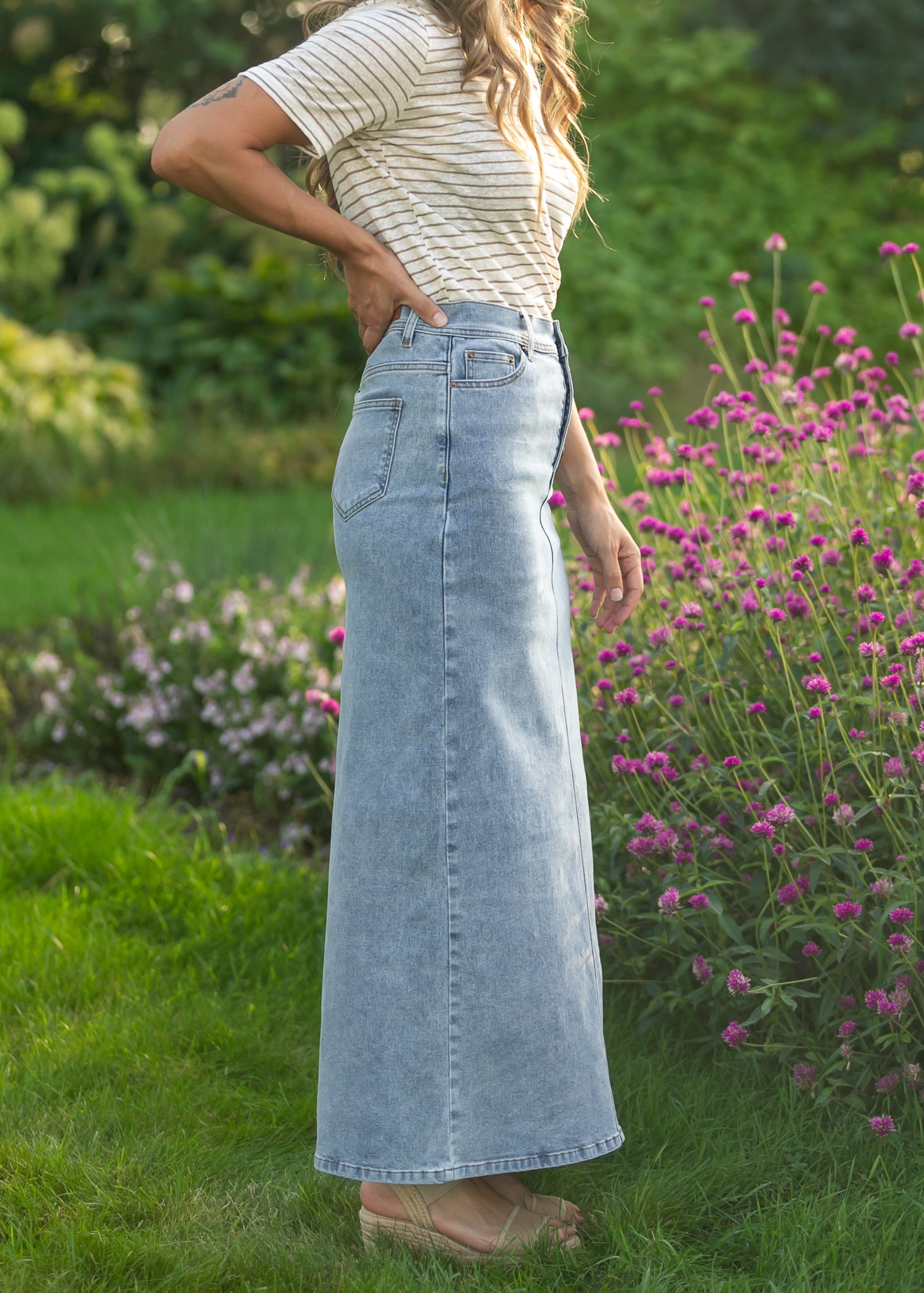 Jessa Light Blue A-Line Denim Maxi Skirt | High-Rise