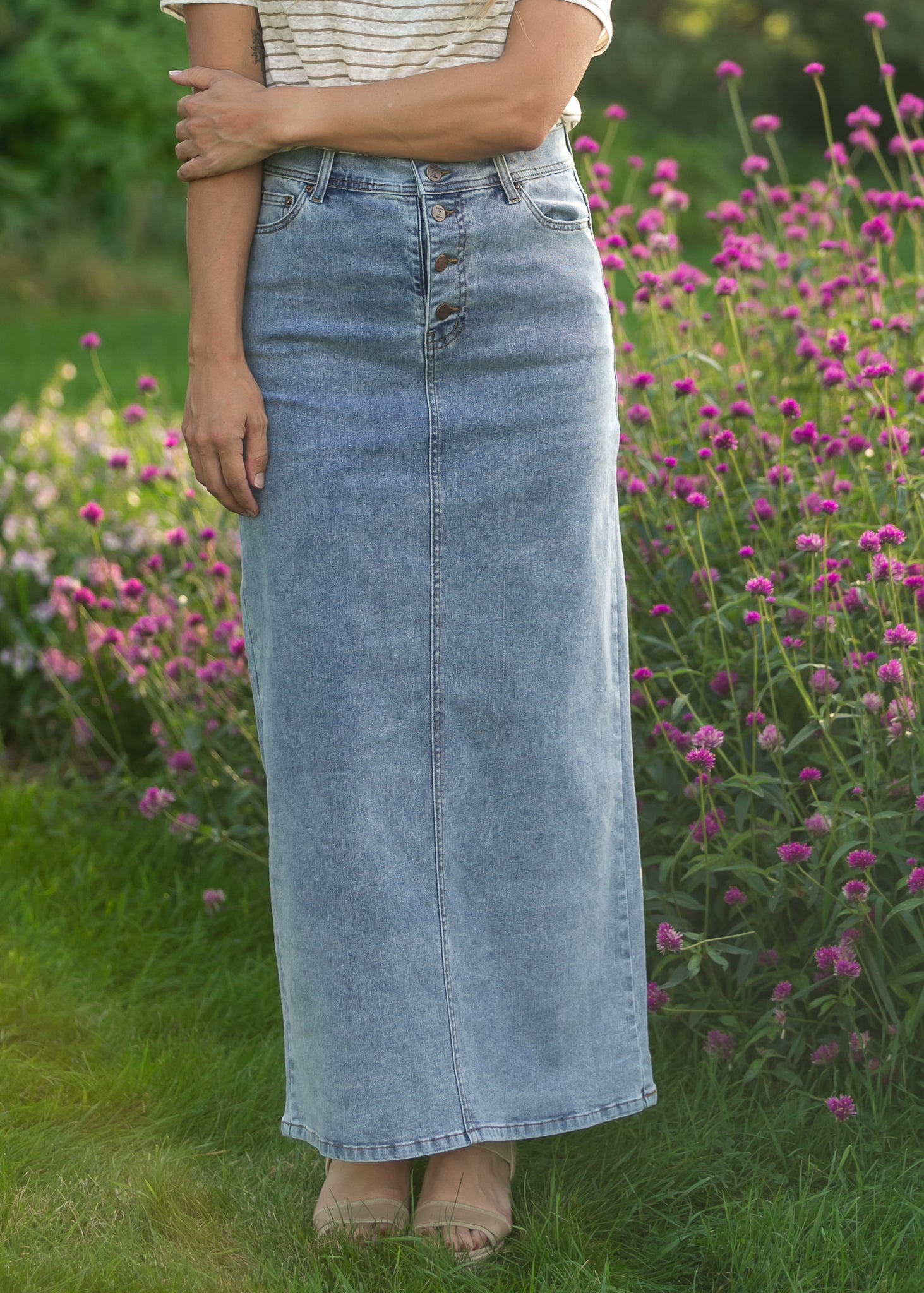 Jessa Light Blue A-Line Denim Maxi Skirt | High-Rise