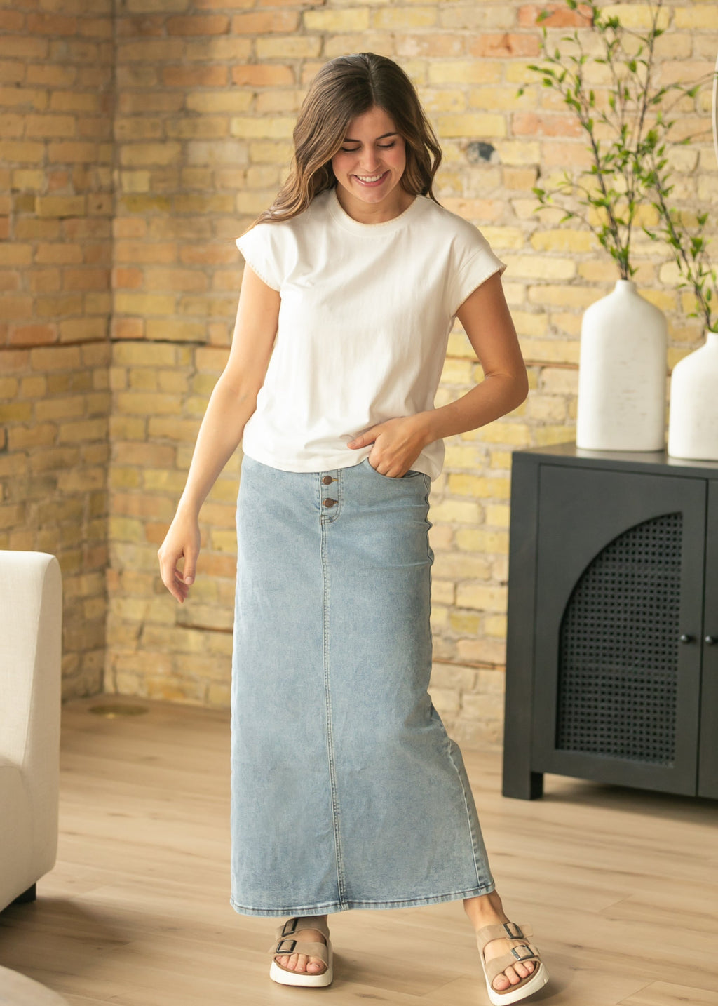 Jessa Light Blue A-Line Denim Maxi Skirt | High-Rise