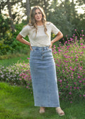 Jessa Light Blue A-Line Denim Maxi Skirt | High-Rise