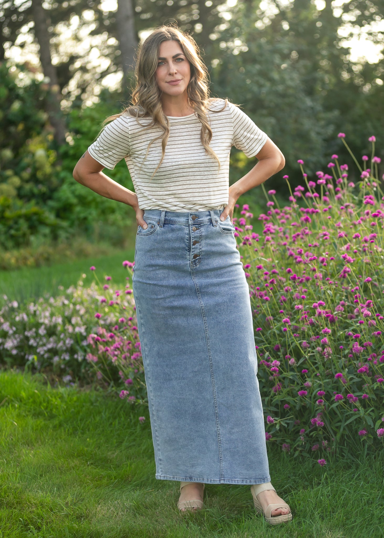 Jessa Light Blue A-Line Denim Maxi Skirt | High-Rise