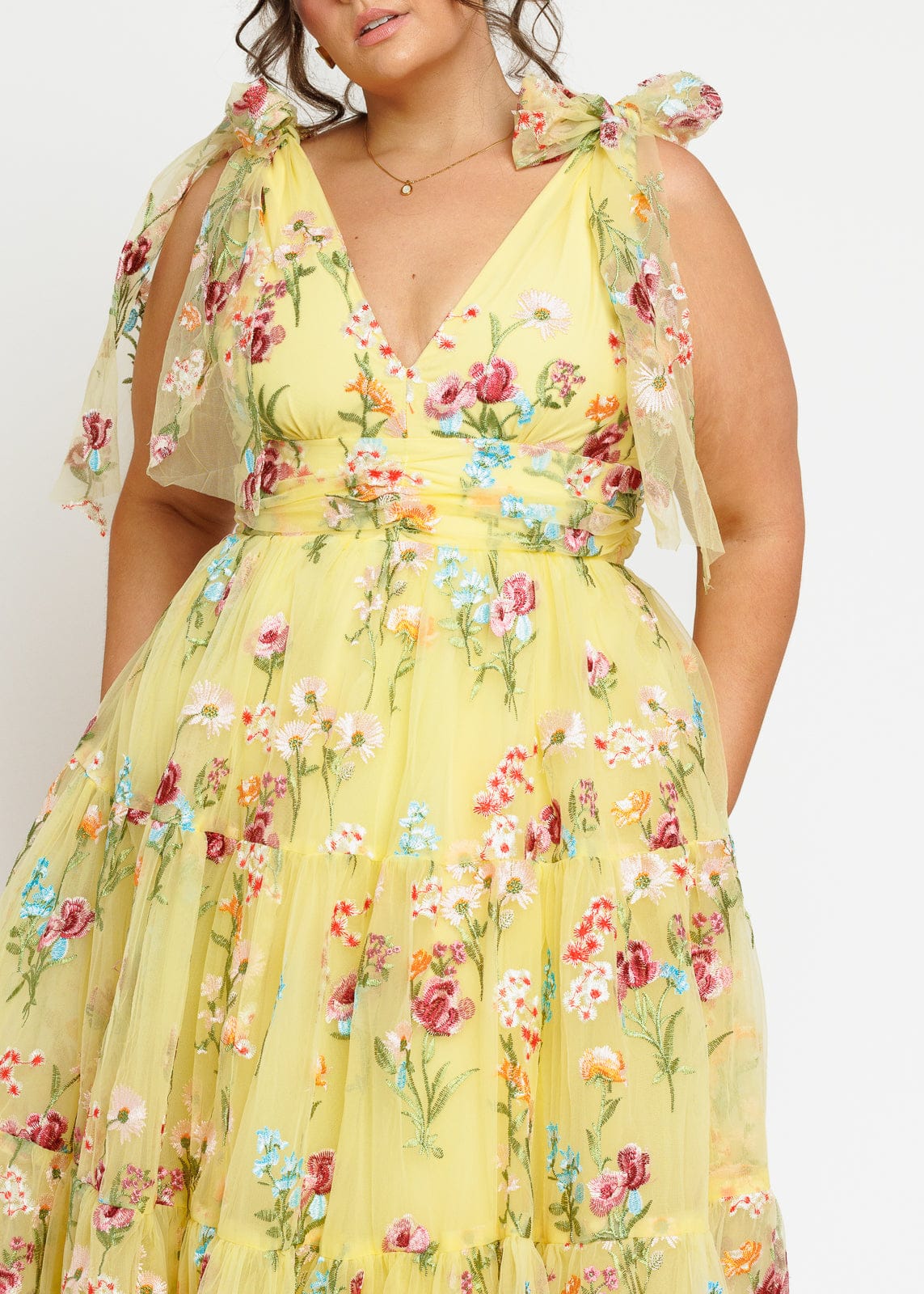 Margaret Yellow Floral Embroidered Midi Dress with Tie Shoulders - Image 5
