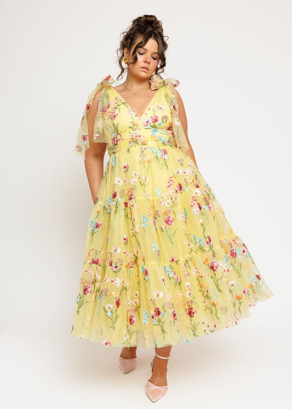 Margaret Yellow Floral Embroidered Midi Dress with Tie Shoulders - Image 7