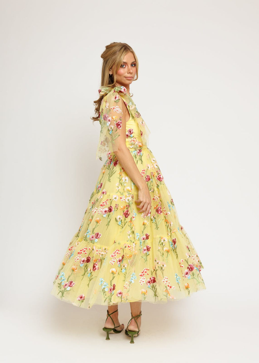 Margaret Yellow Floral Embroidered Midi Dress with Tie Shoulders - Image 9