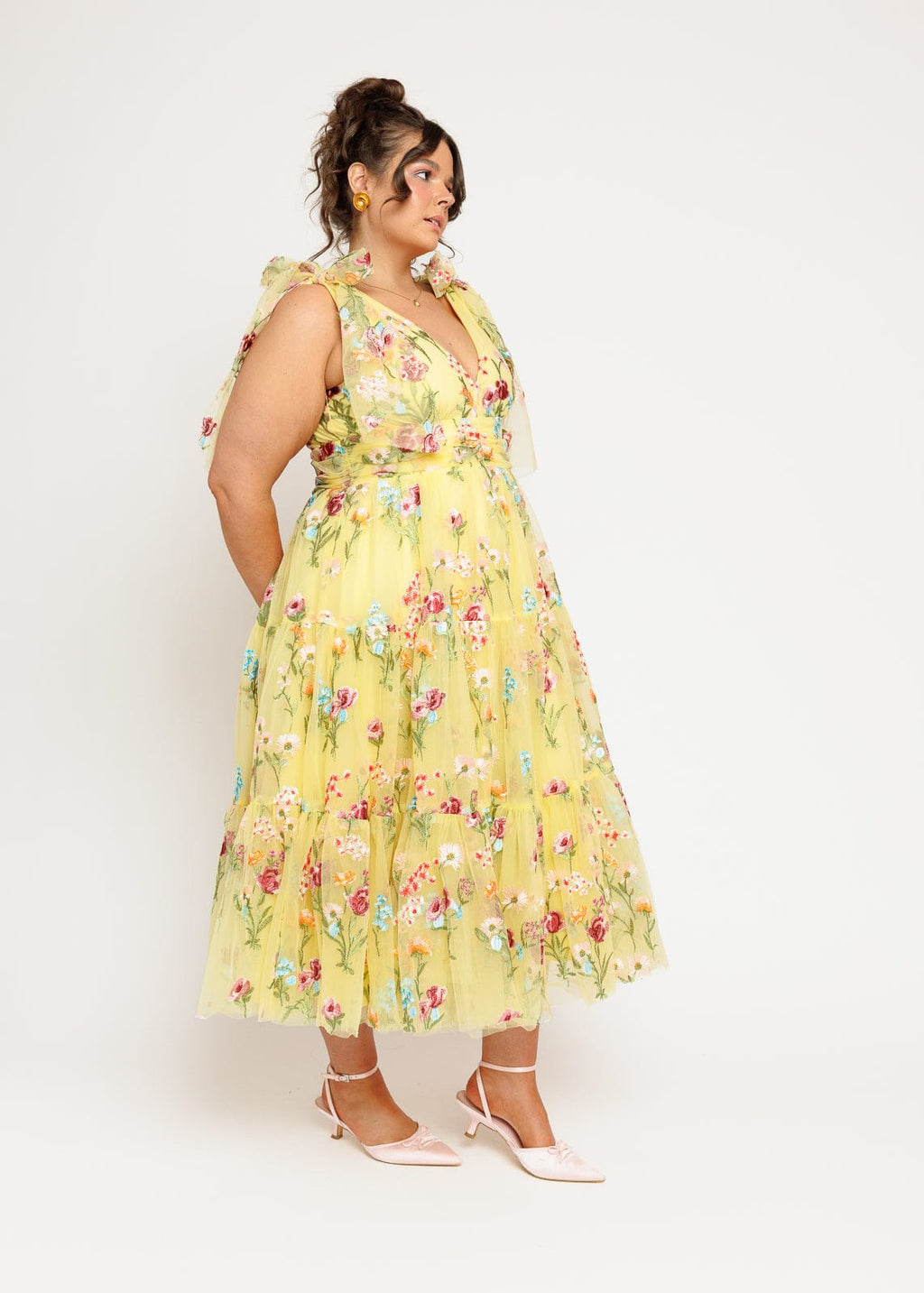 Margaret Yellow Floral Embroidered Midi Dress with Tie Shoulders - Image 10