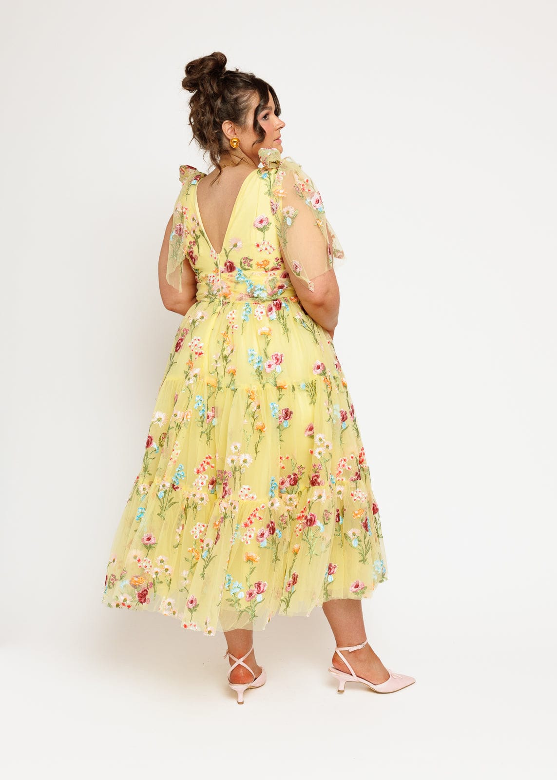 Margaret Yellow Floral Embroidered Midi Dress with Tie Shoulders - Image 12