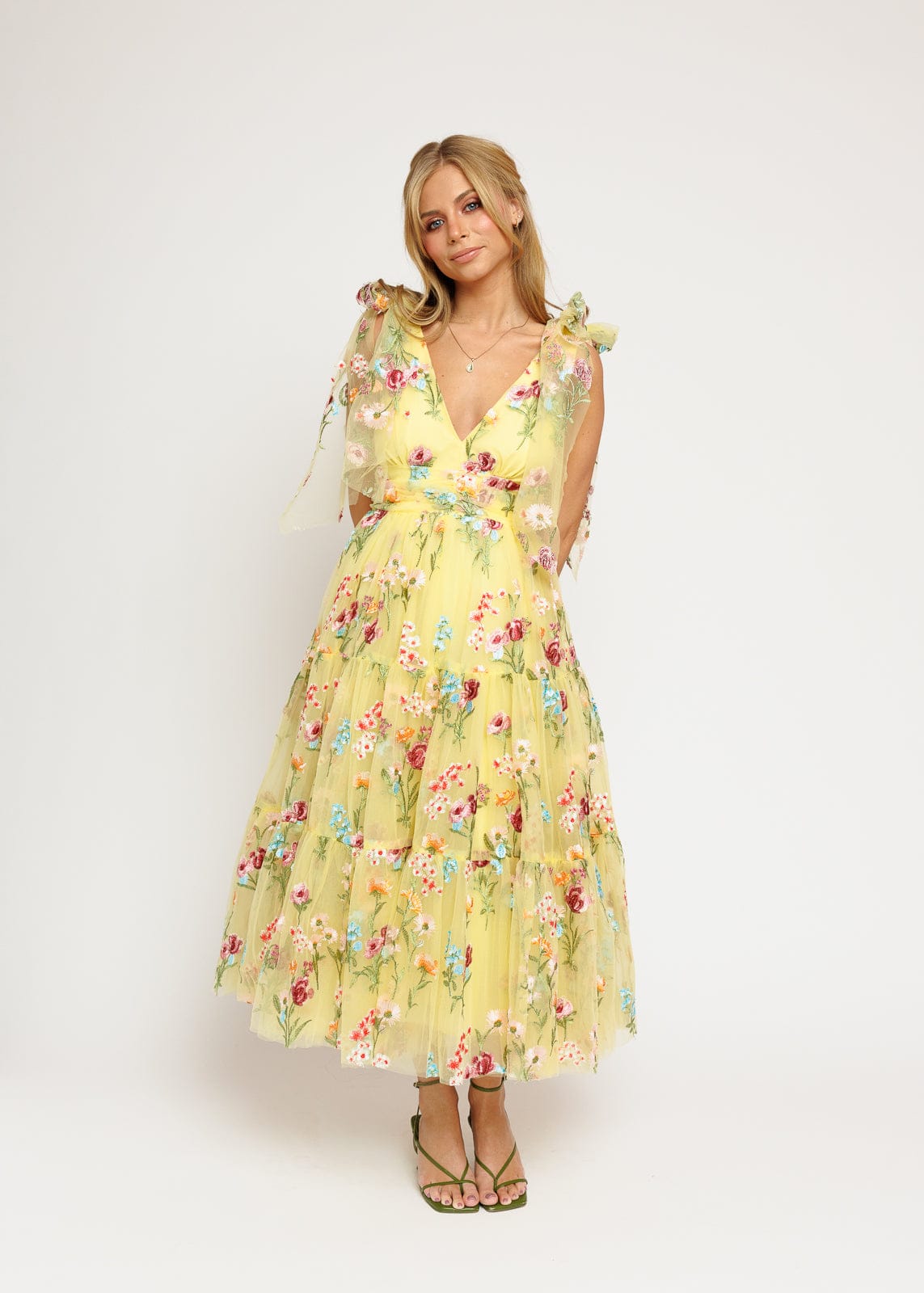 Margaret Yellow Floral Embroidered Midi Dress with Tie Shoulders - Image 4