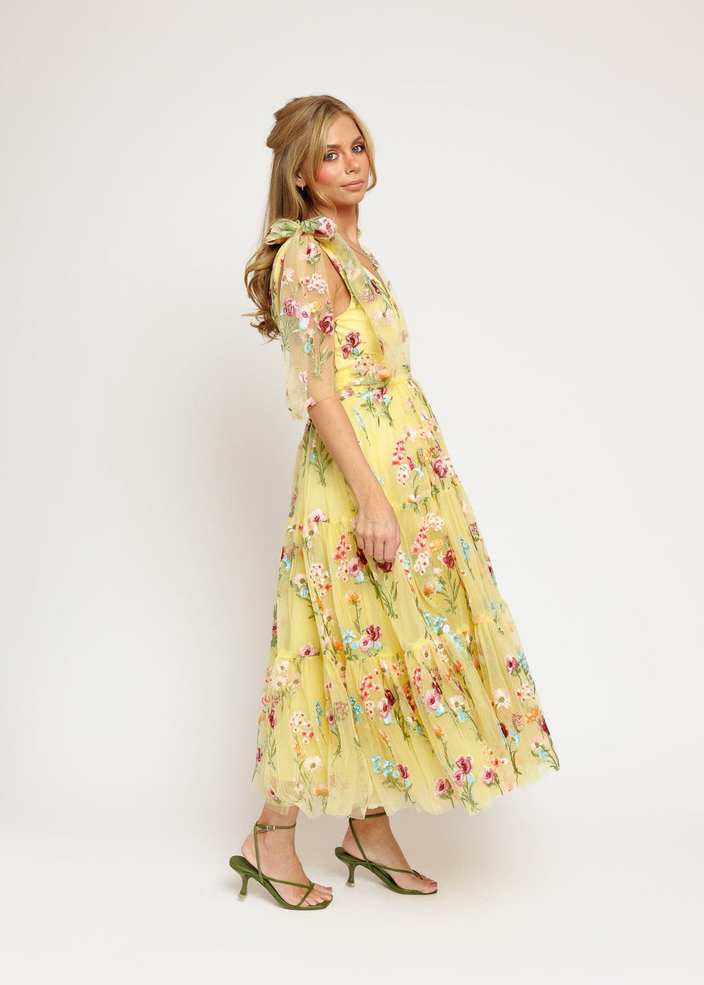 Margaret Yellow Floral Embroidered Midi Dress with Tie Shoulders - Image 6