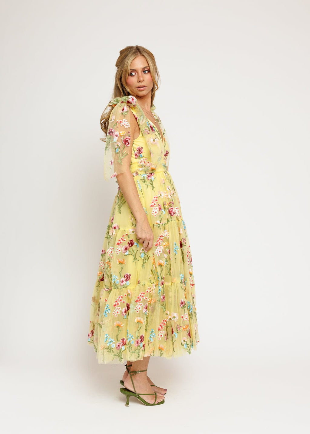 Margaret Yellow Floral Embroidered Midi Dress with Tie Shoulders - Image 13