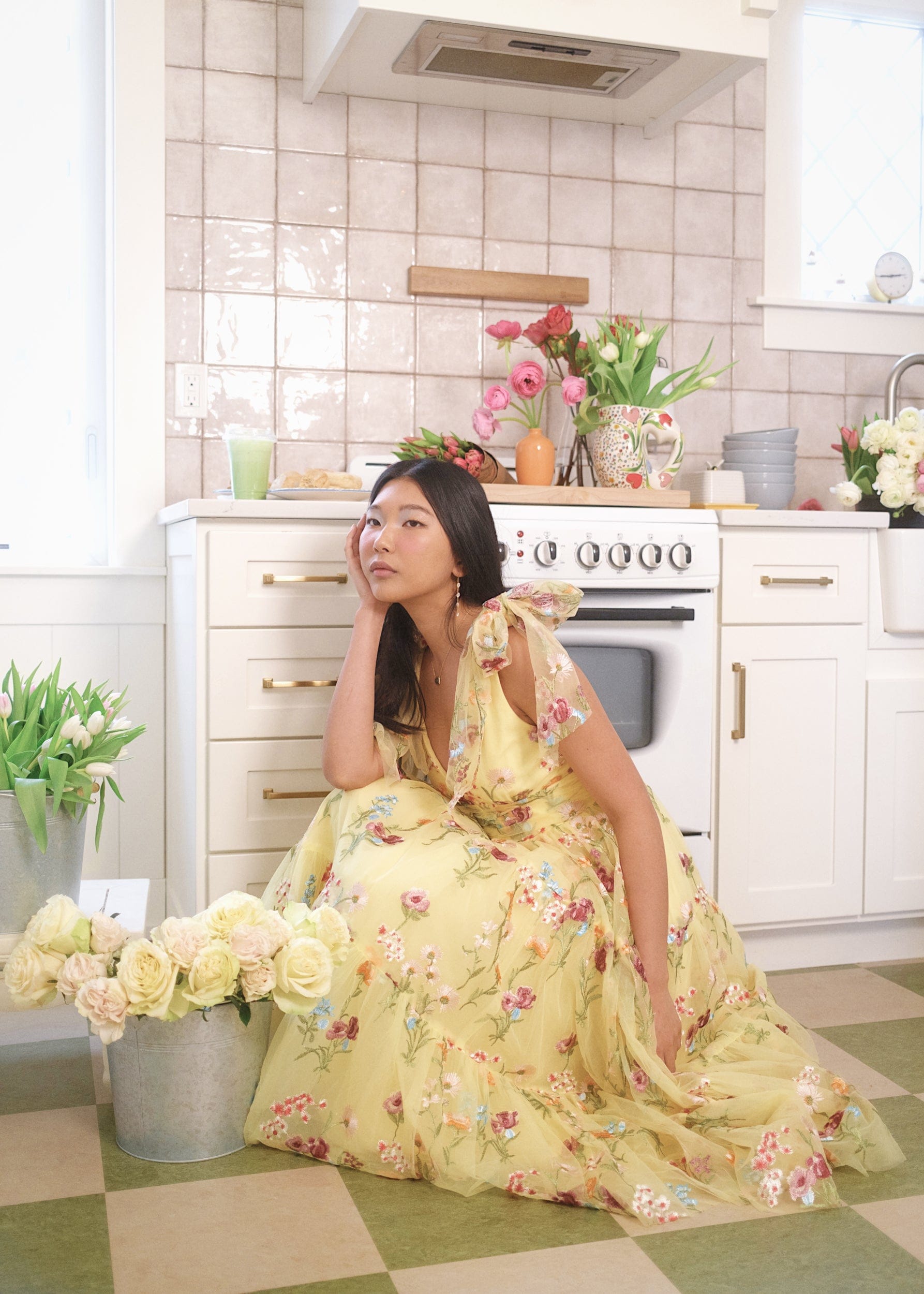 Margaret Yellow Floral Embroidered Midi Dress with Tie Shoulders - Image 16