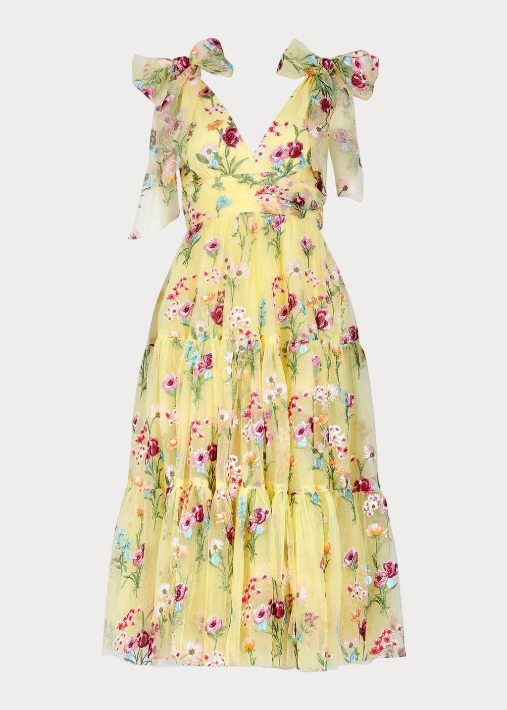 Margaret Yellow Floral Embroidered Midi Dress with Tie Shoulders - Image 2