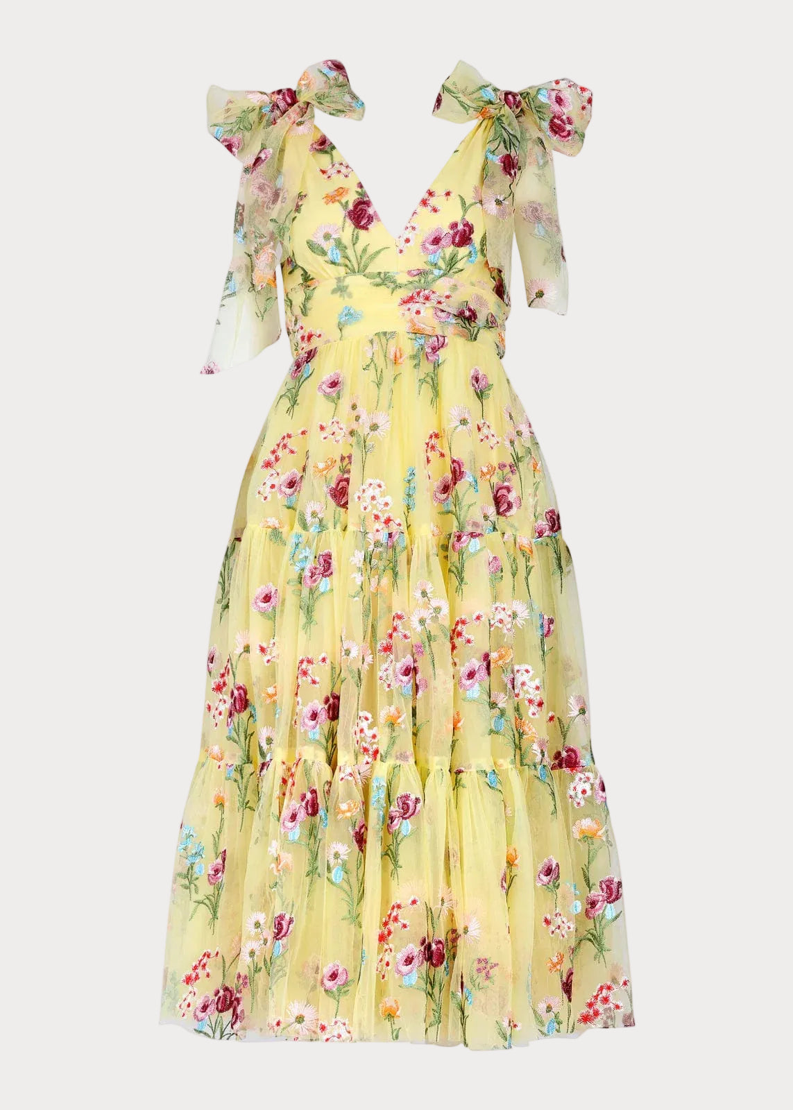 Margaret Yellow Floral Embroidered Midi Dress with Tie Shoulders - Image 2