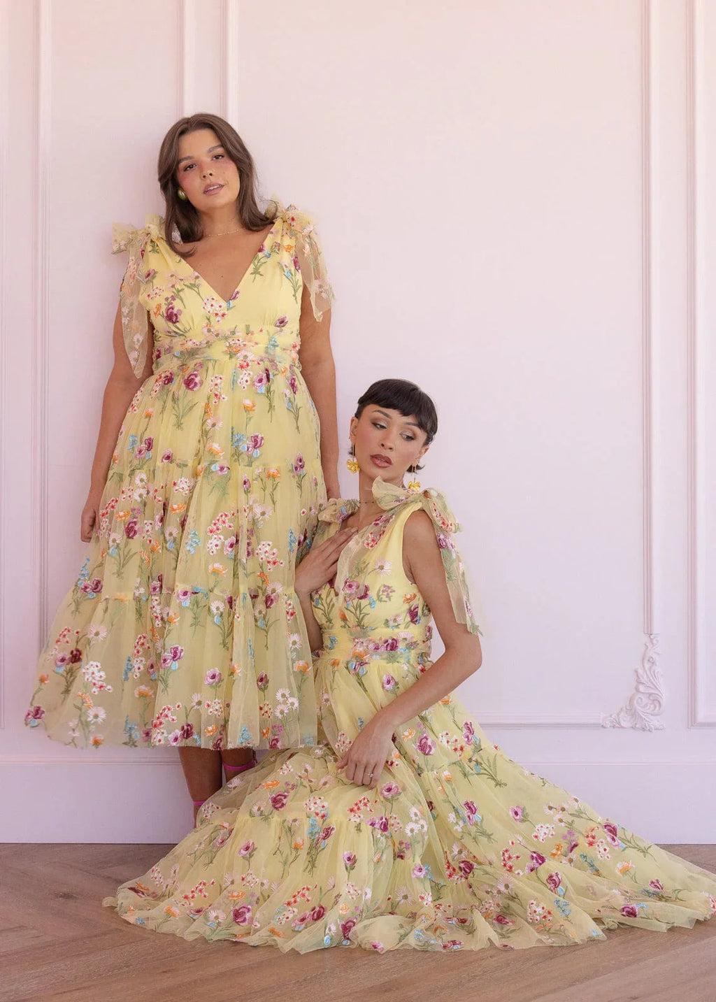 Margaret Yellow Floral Embroidered Midi Dress with Tie Shoulders - Image 15