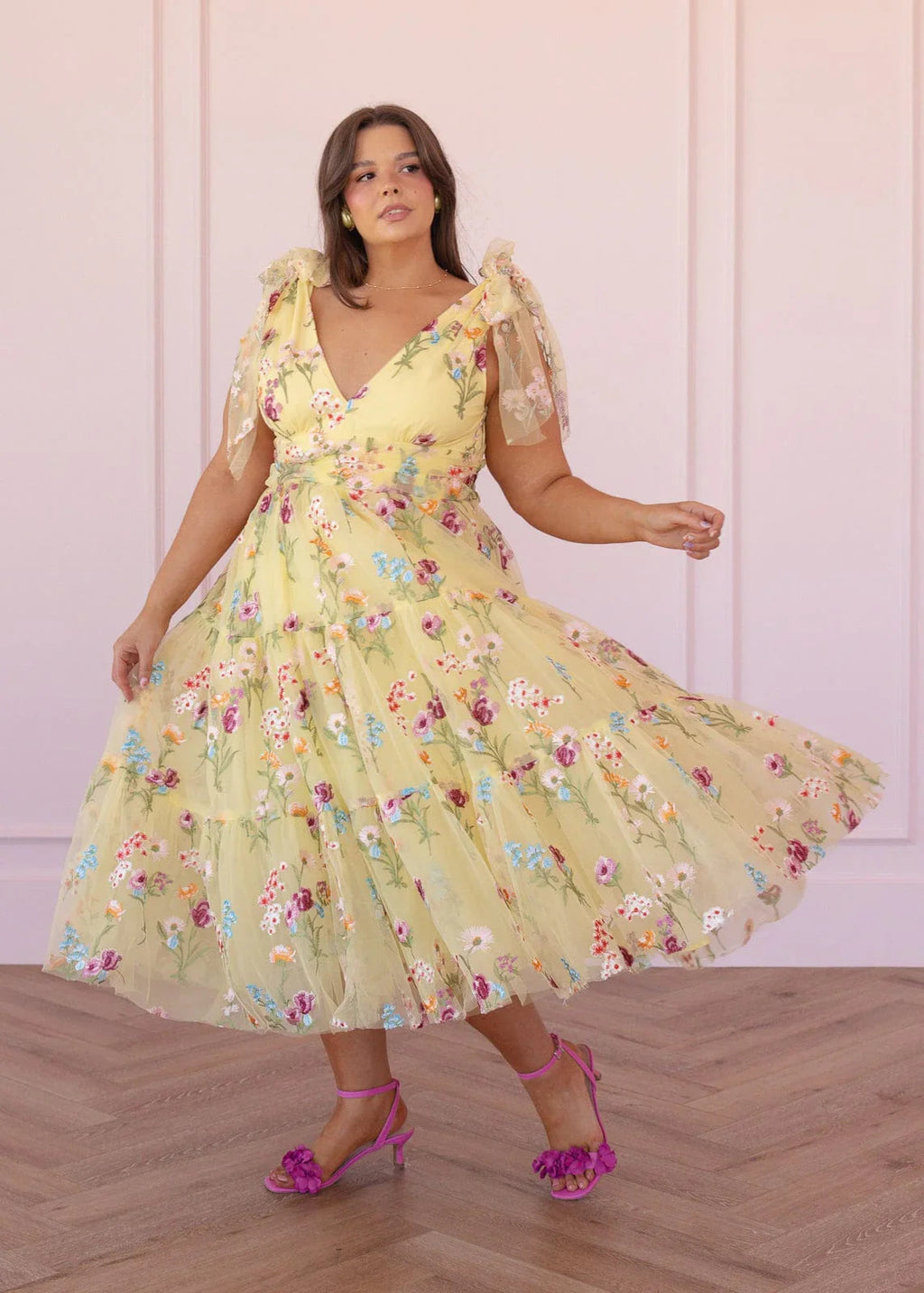 Margaret Yellow Floral Embroidered Midi Dress with Tie Shoulders - Image 14