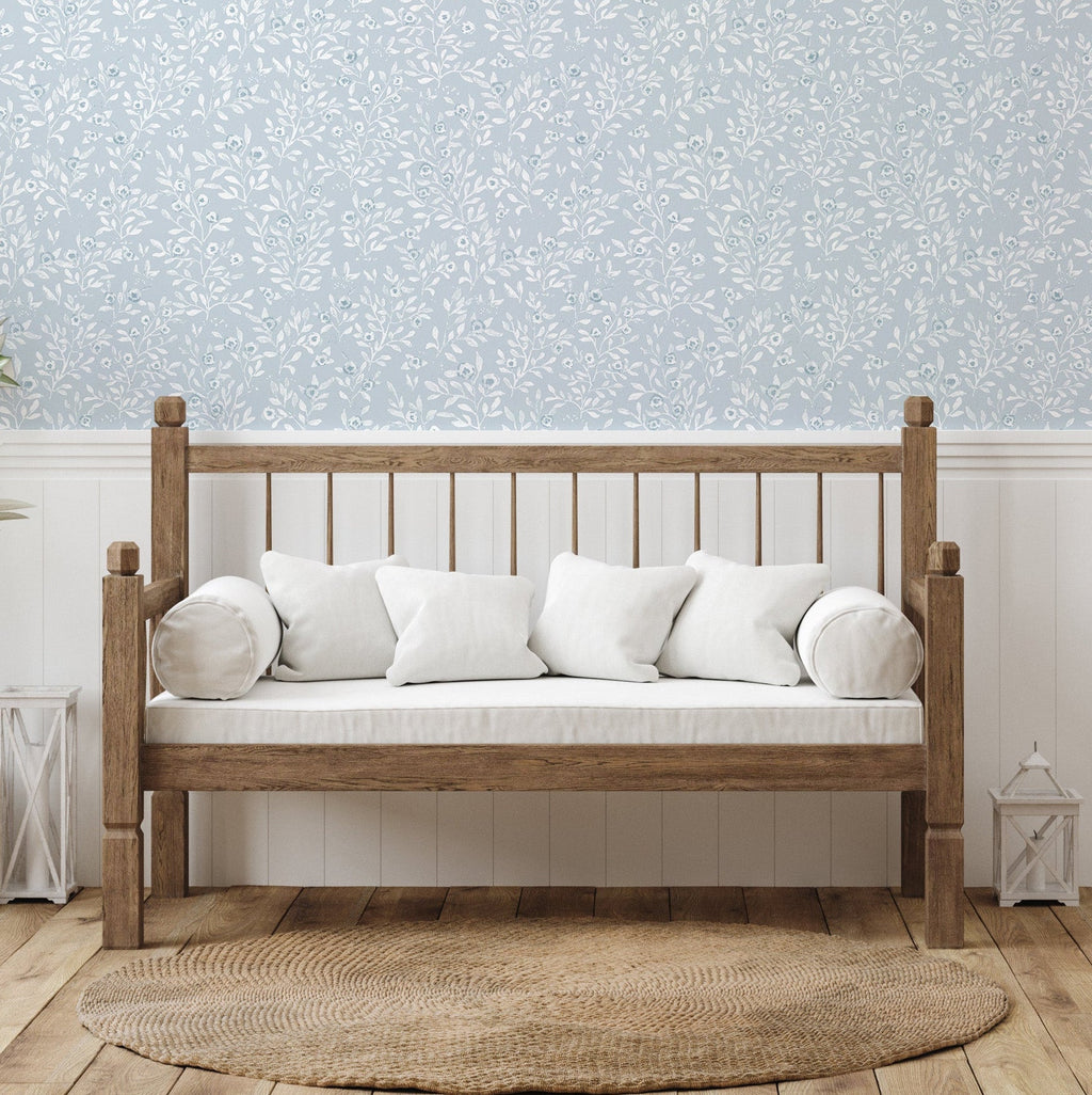 Jessi floral pattern wallpaper in light blue and white shades